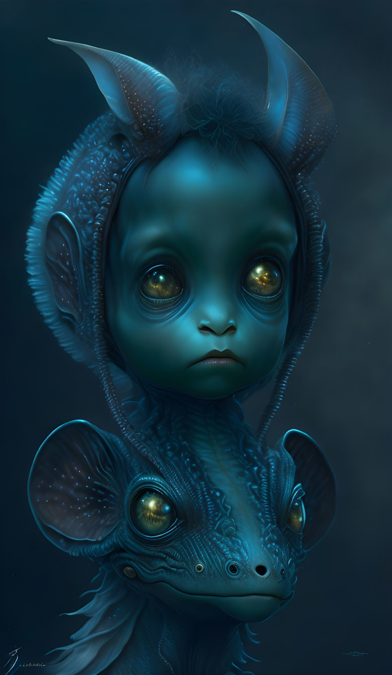 Fantasy creature with blue skin and glowing eyes.