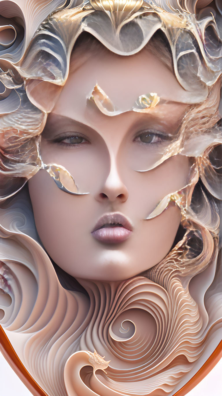 Surreal portrait of woman with ornate swirling designs and golden fragments.