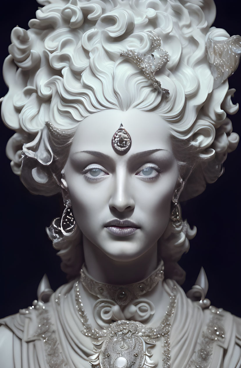 Monochrome statue-like figure with intricate hair details and ornate jewelry