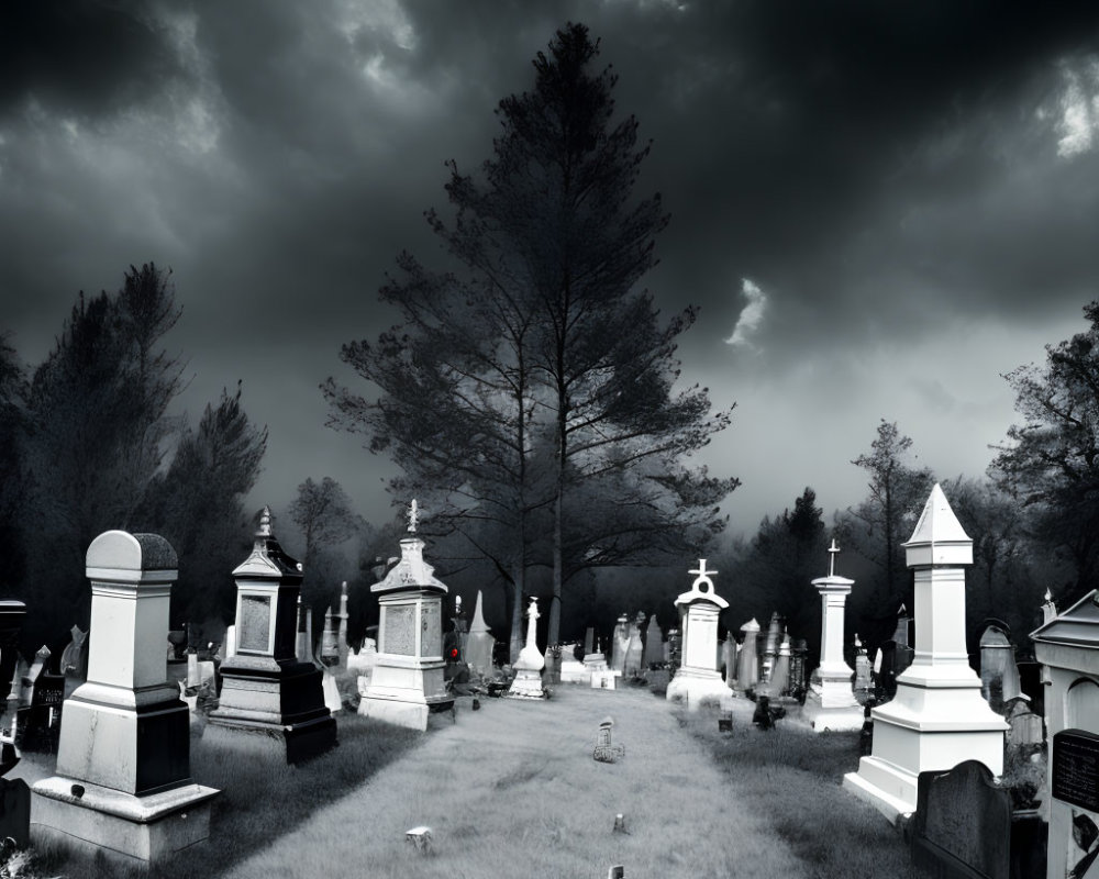 Monochromatic cemetery scene under dark, cloudy sky
