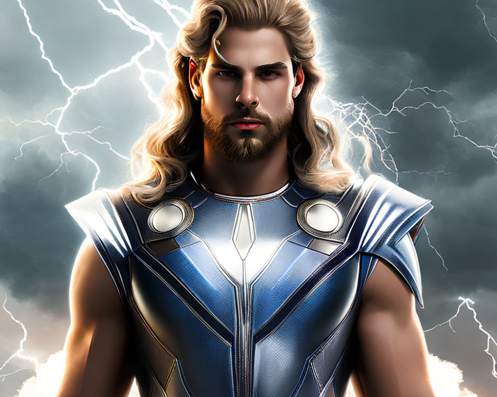 Male superhero with long blonde hair in metallic armor against stormy sky
