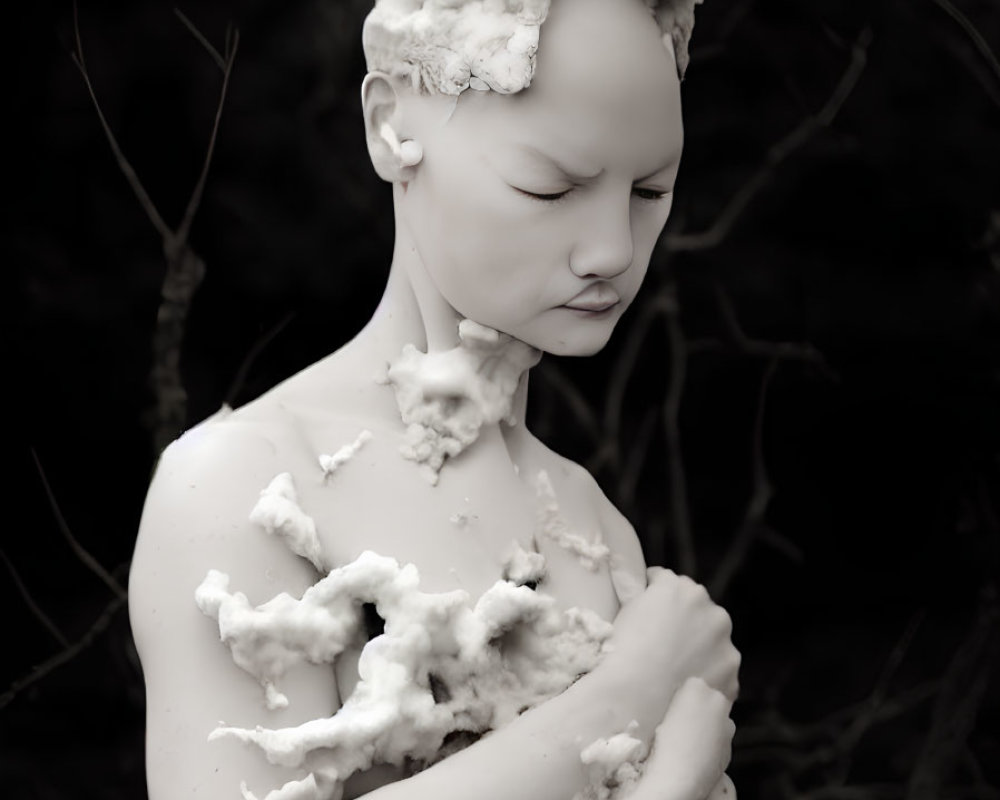 Monochrome statue photo with cloud-like textures on head and body.
