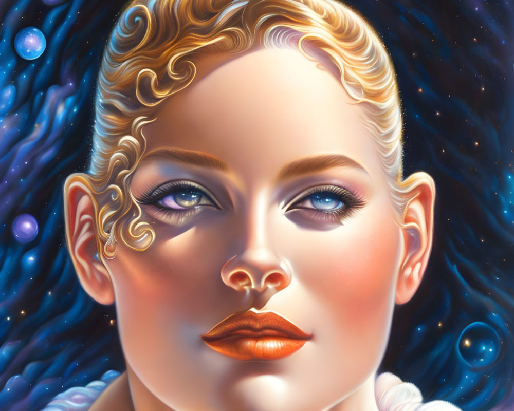 Illustrated Woman with Stylized Hair and Cosmic Background