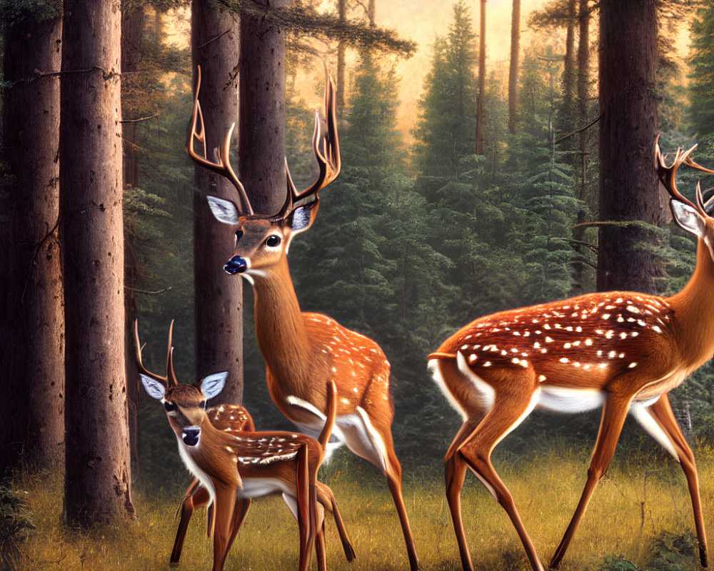Tranquil forest scene with spotted deer in golden morning light
