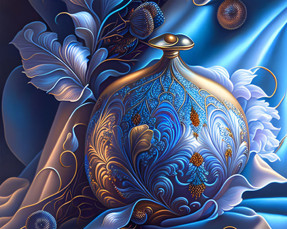 Intricate surreal bottle with blue and gold feathers and swirls
