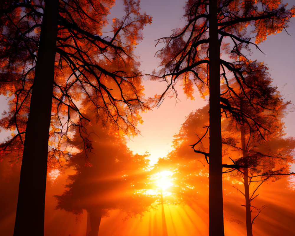 Misty Forest Sunrise with Orange Foliage and Sunlight Filtering Through Trees