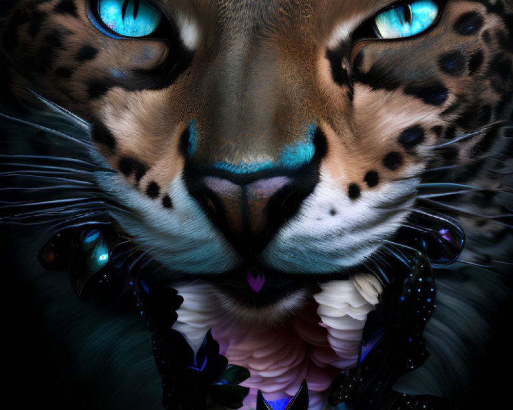 Digital art: Leopard with blue eyes in shadows with luminescent blue ornaments