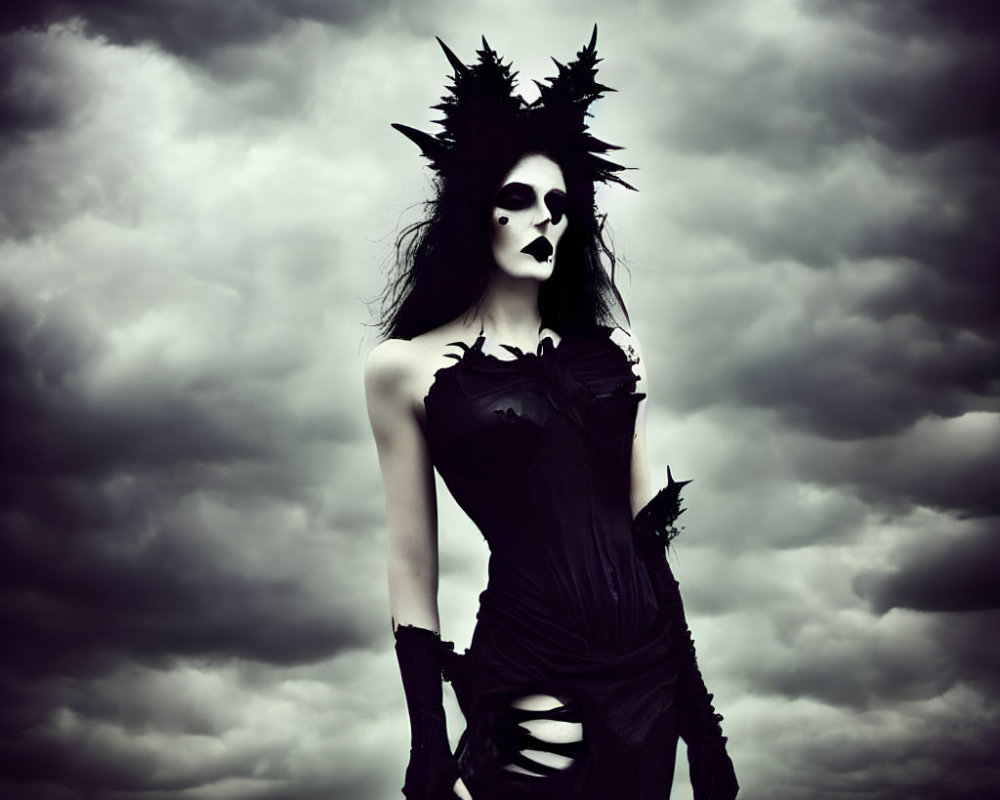 Gothic person in pale makeup and dark lipstick under stormy sky