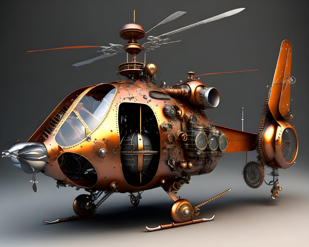 Intricate Steampunk Helicopter with Brass Details and Open Cockpit