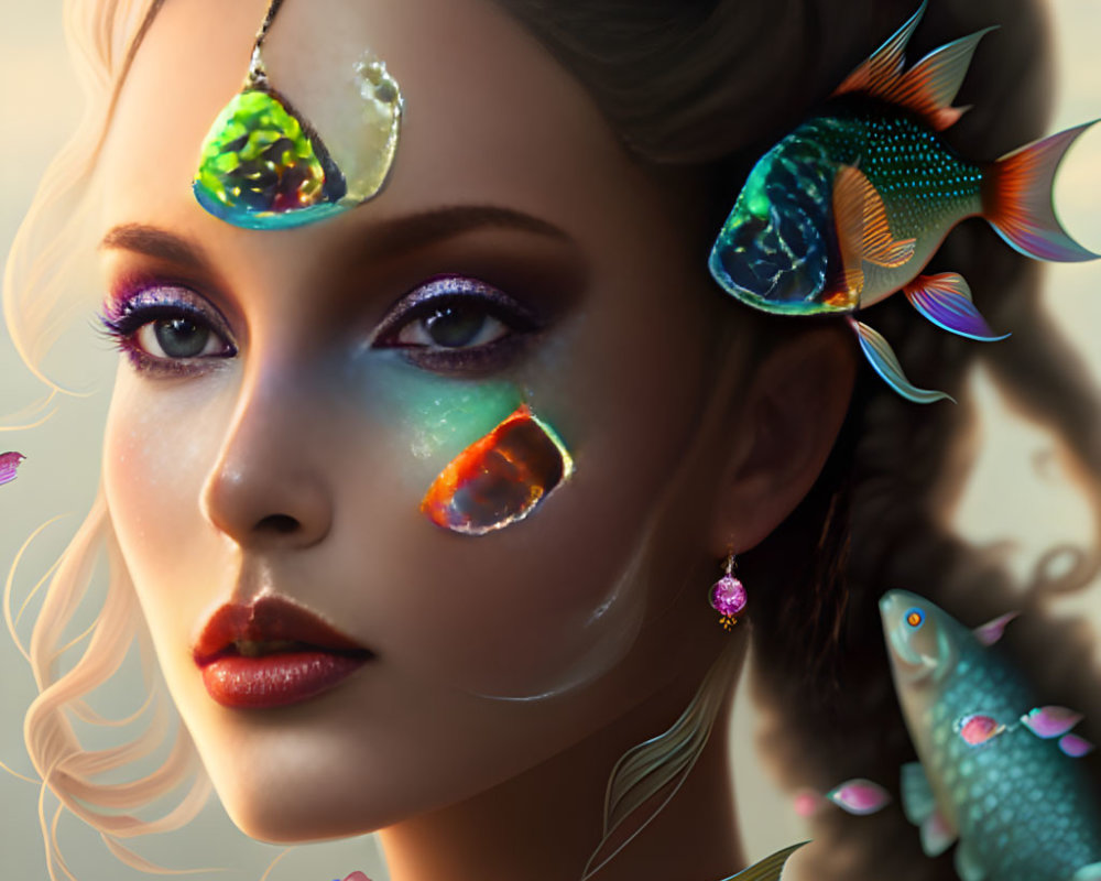Colorful makeup and gemstones on woman with fantastical fish.