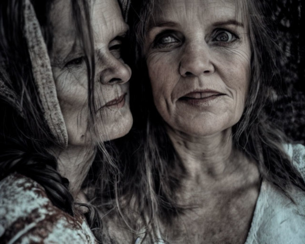 Portrait of two women in rustic attire against dark background
