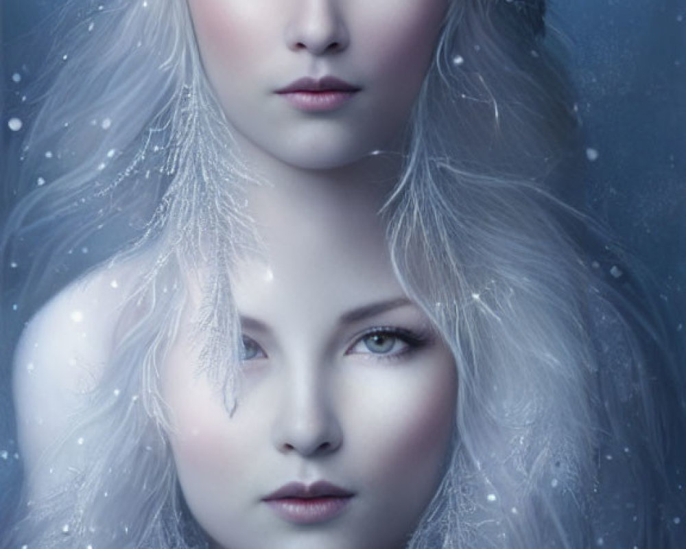 Ethereal Women with Silver Hair and Ornate Headdresses in Snowy Setting