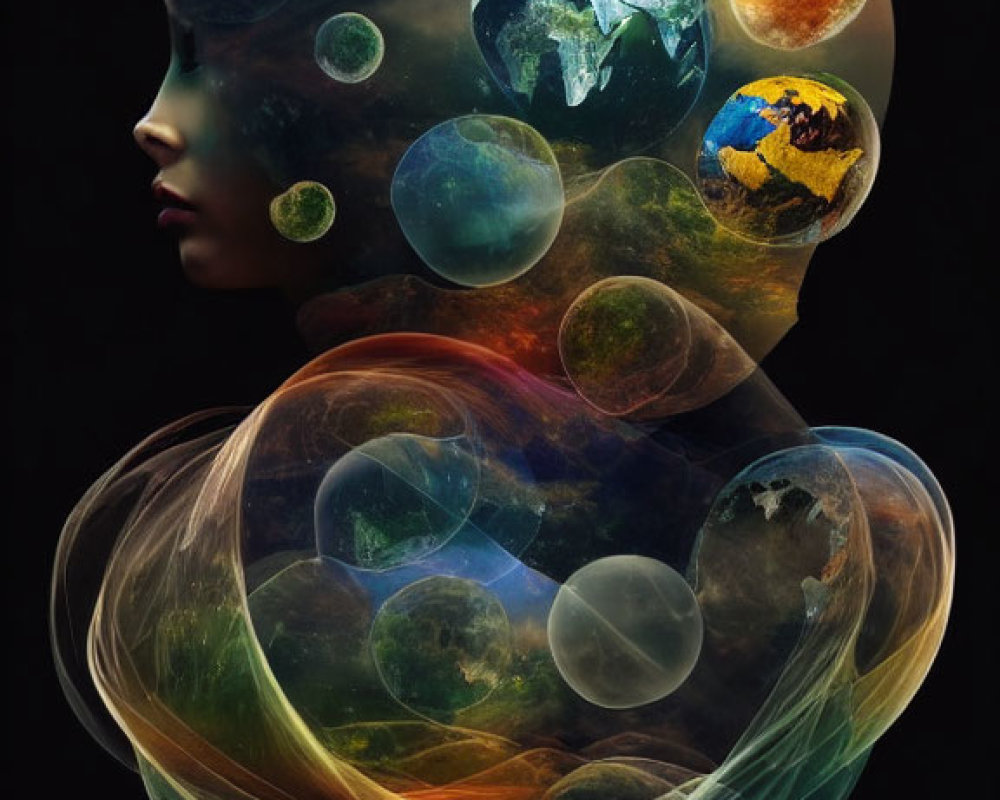Colorful Silhouette Artwork with Cosmic Orbs and Planets