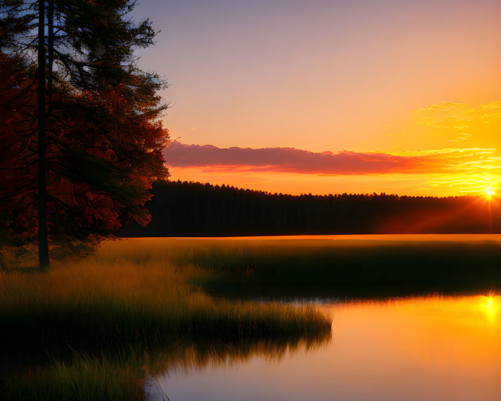 Tranquil Sunset Scene Over Calm Lake and Silhouetted Trees