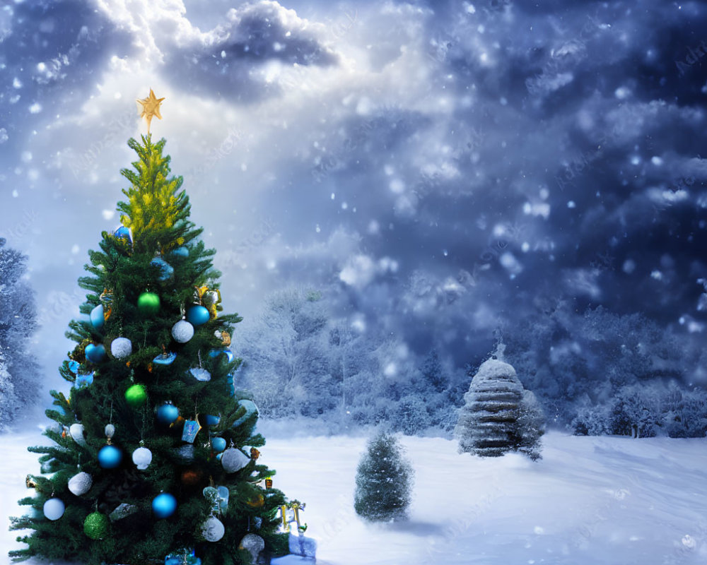 Festive Christmas tree with gifts in snowy landscape