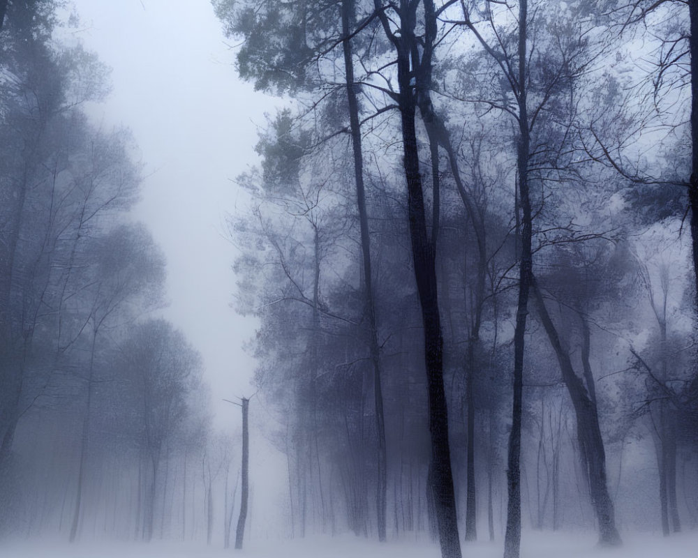 Misty forest with tall silhouetted trees and snowy ground in fog