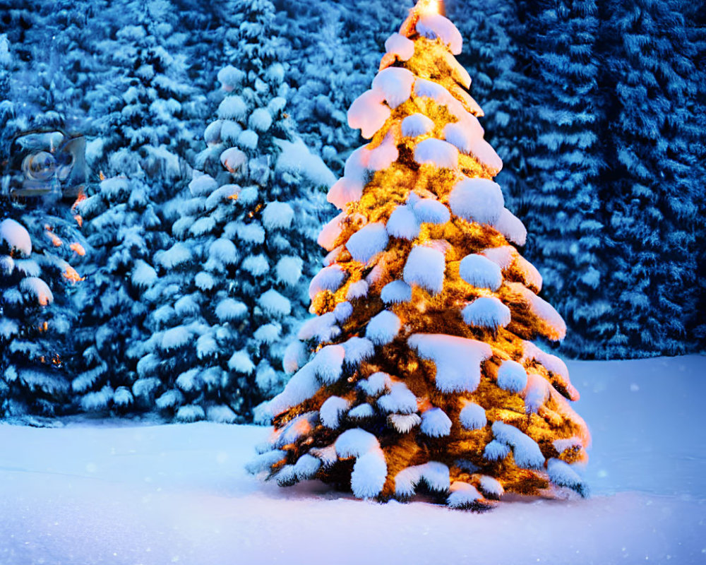 Decorated Christmas tree with warm lights in snowy forest at twilight