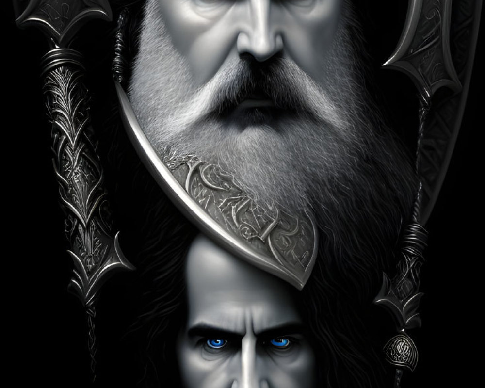 Bearded male figures with blue eyes in metallic frame on dark background