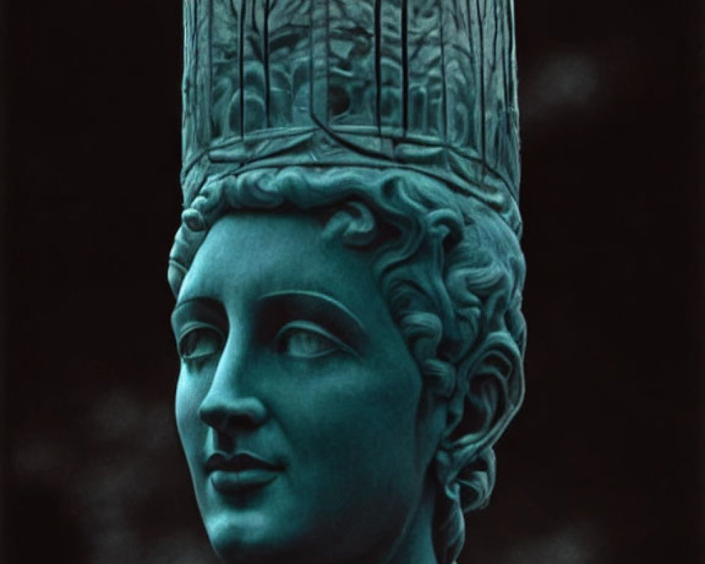Teal-toned sculpture of person with intricate detailing and tree branch crown.
