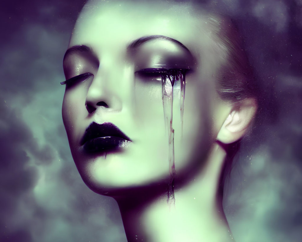 Surreal portrait of person with black lips and teardrop streak on dark background
