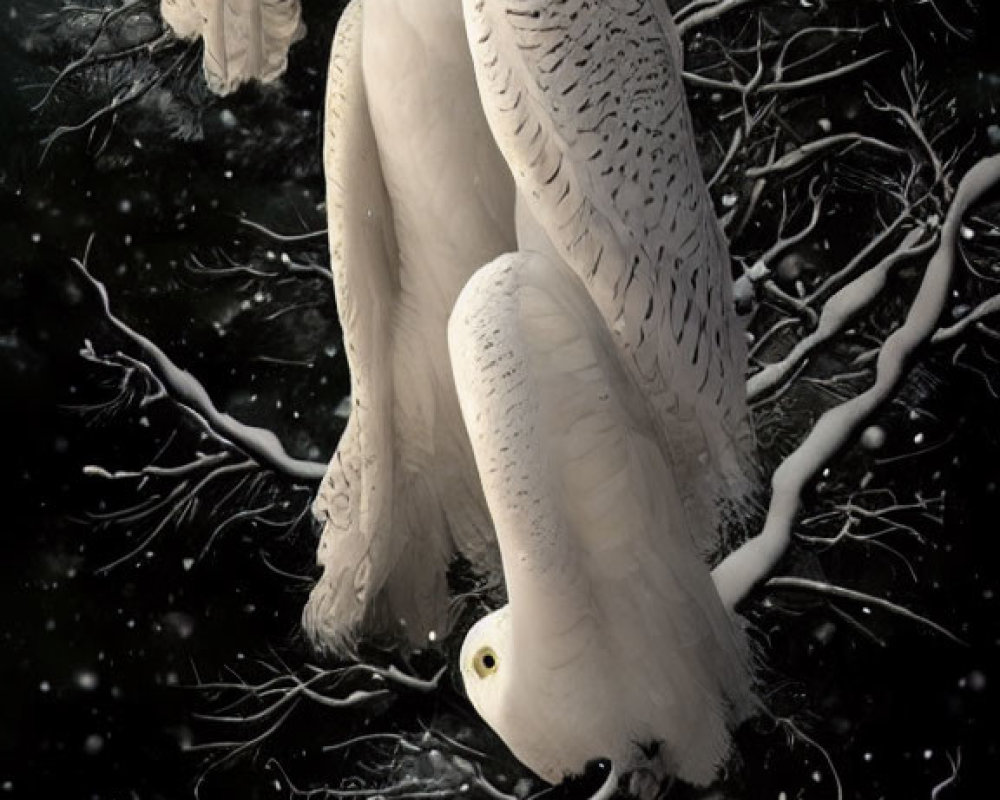 Snowy owls perched on frosted branches in dimly lit winter setting