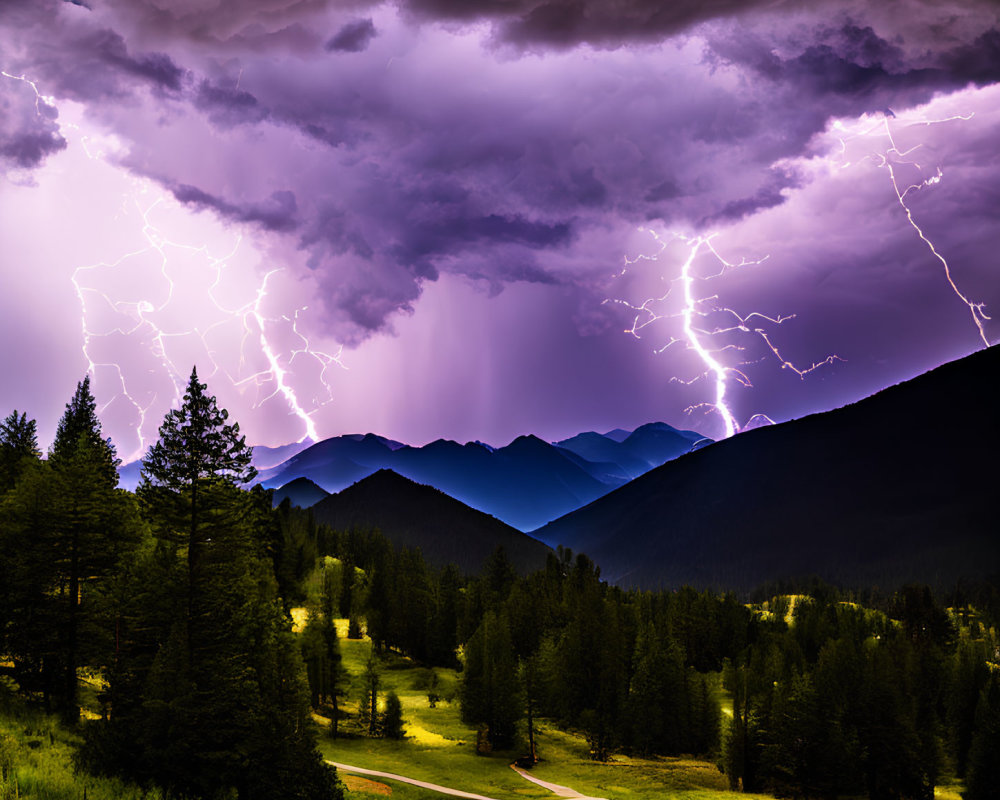 Thunderstorm over mountainous forest landscape with lightning strikes