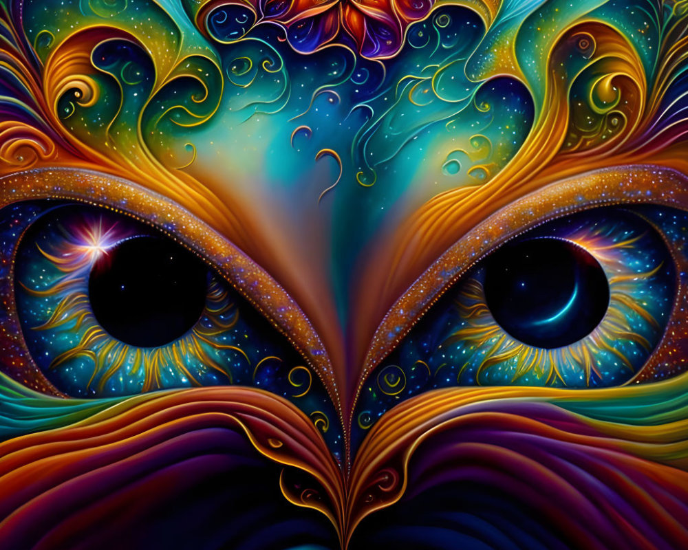 Colorful Psychedelic Artwork with Star-like Eyes in Cosmic Setting