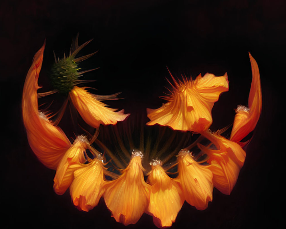 Vibrant orange flower with fan-like petals on dark background