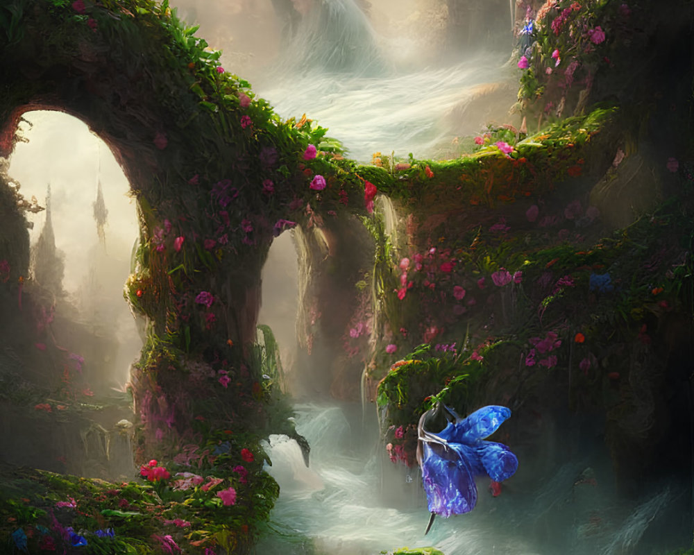 Majestic Enchanted Forest with Stone Bridges and Blue Butterfly