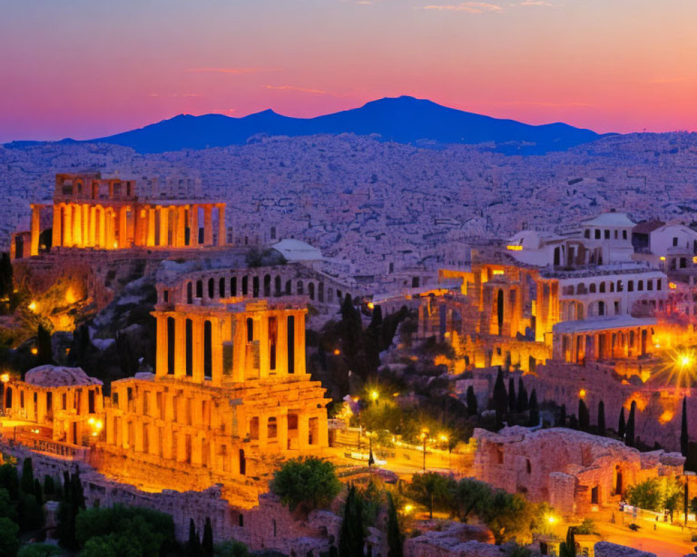 Panoramic view: Acropolis in Athens, Greece at dusk