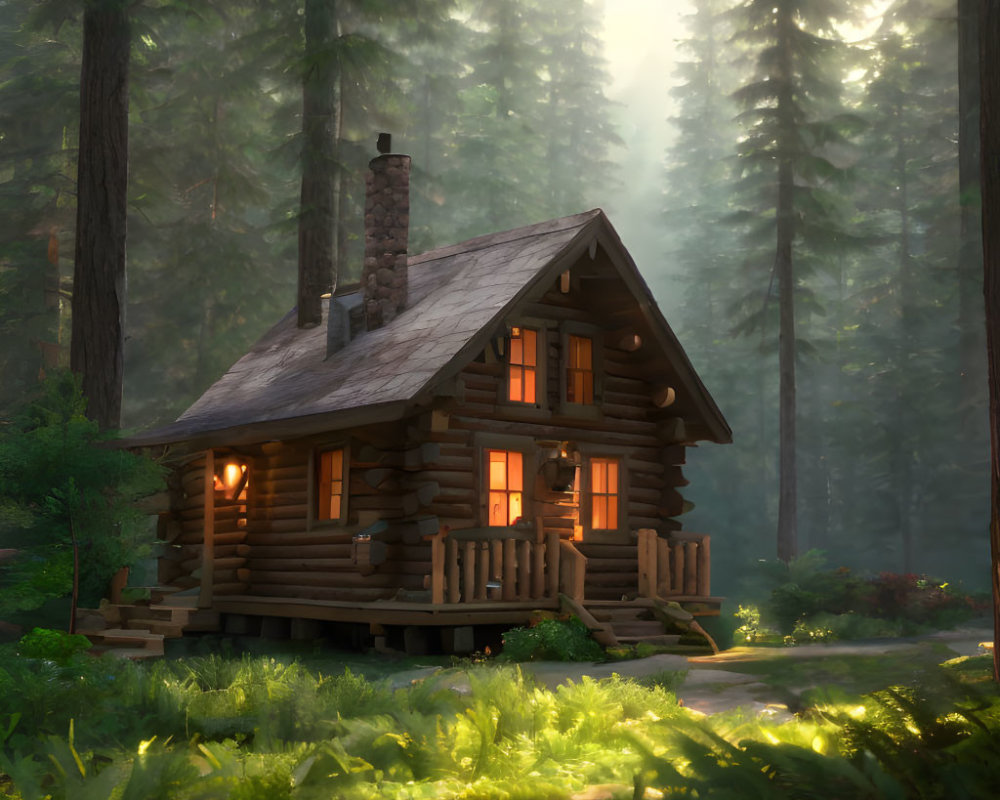 Serene forest scene: Cozy log cabin with lit chimney