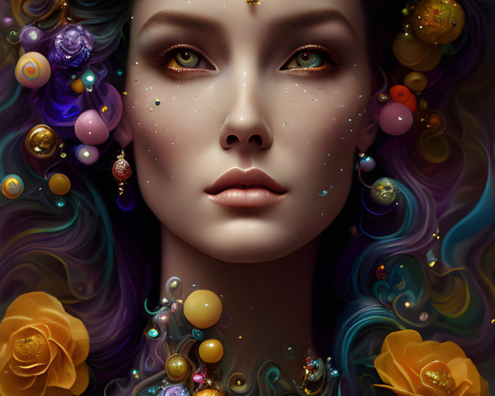 Detailed illustration of woman with multicolored hair and galaxy-themed adornments.