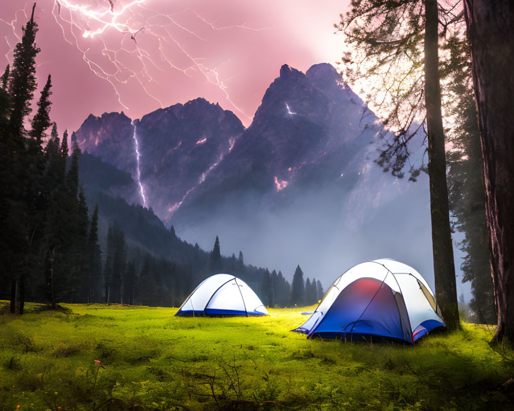 Illuminated tents on vibrant field with stormy sky and lightning bolt