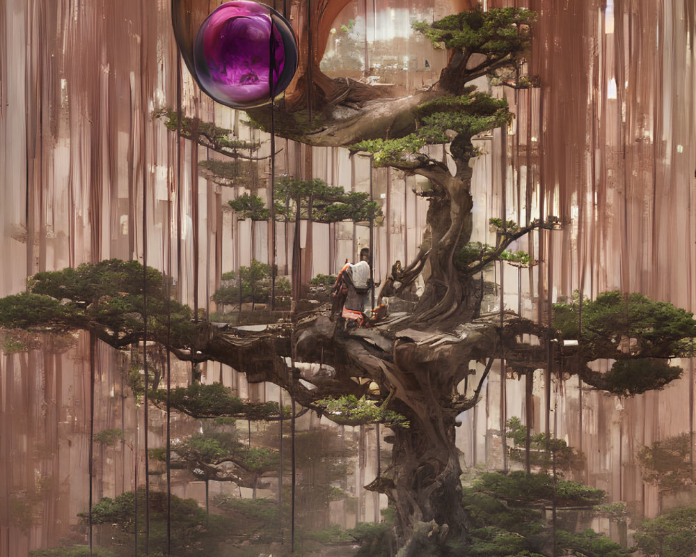 Ancient tree with futuristic pods and crashed motorcycle in mystical forest