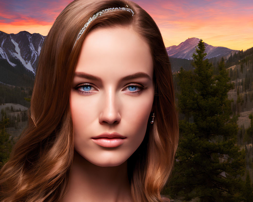 Woman with Blue Eyes and Headband in Mountain Sunset Scene