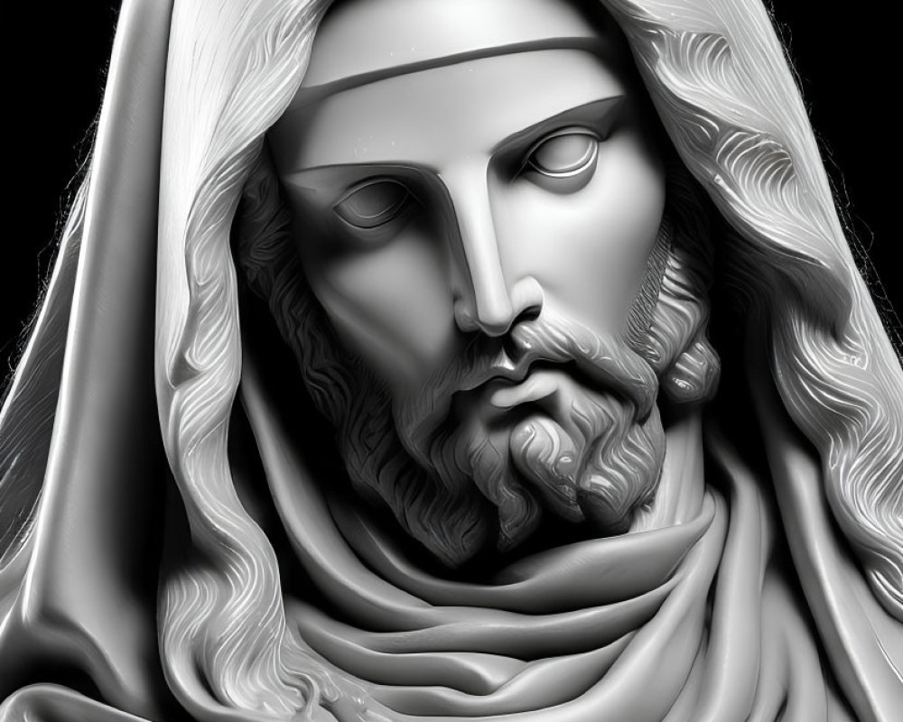 Grayscale digital artwork of serene figure with flowing hair and robes