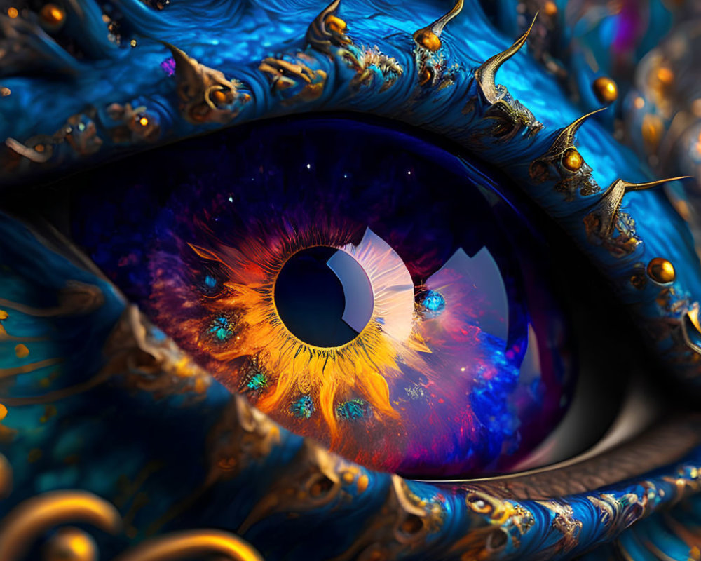 Surreal eye illustration with intricate blue and gold designs