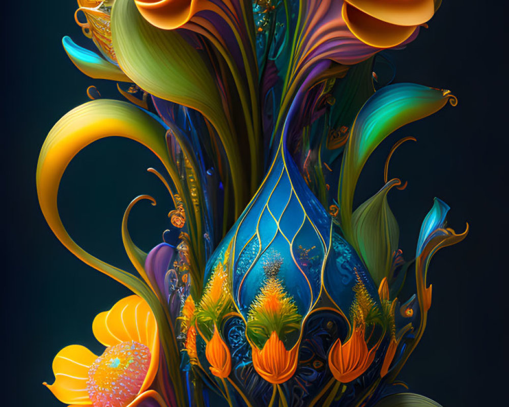 Colorful digital artwork: ornamental floral design with glowing orange flowers
