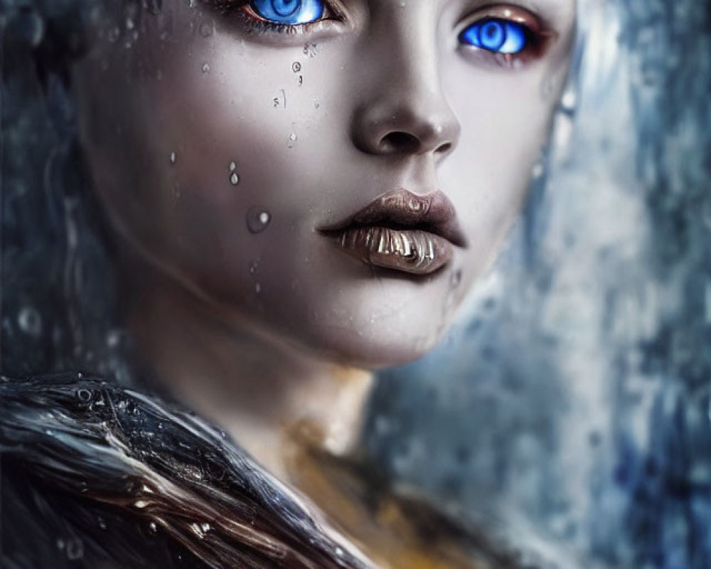 Portrait of Woman with Striking Blue Eyes and Watery Glass Reflection