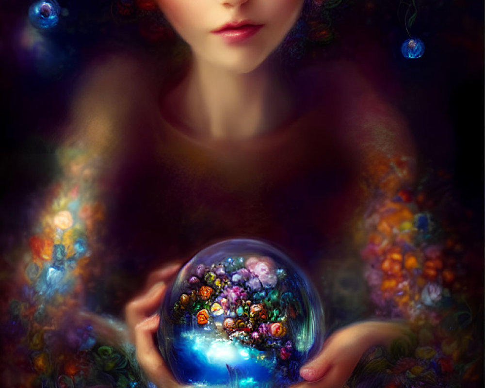 Mystical woman with floral headdress holding glowing orb surrounded by flowers and butterflies