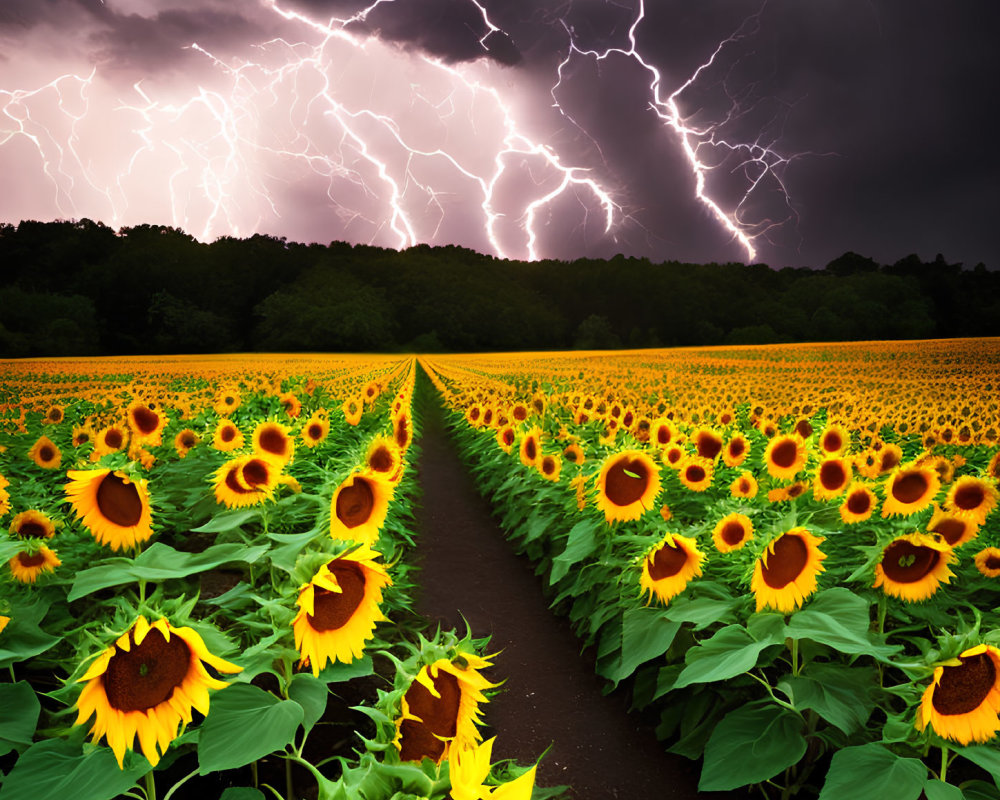 Dramatic lightning over vibrant sunflower field