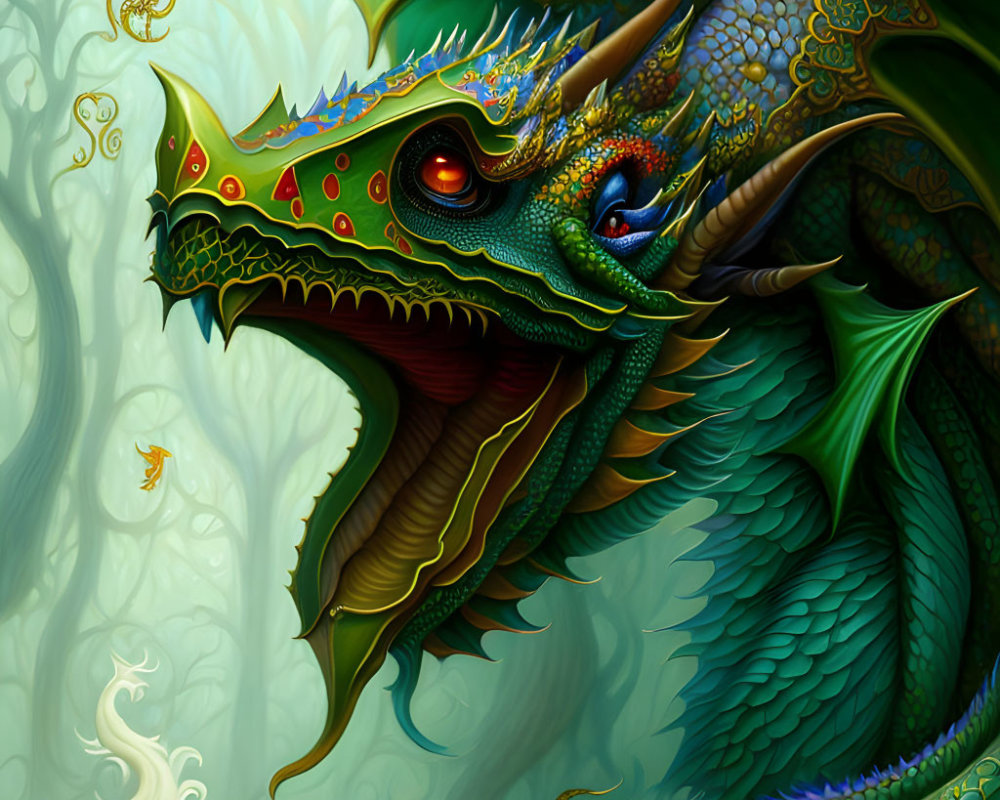 Detailed Green Dragon Illustration with Golden Accents and Mystical Forest Background