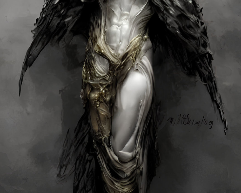 Muscular figure in tattered cloths and golden armor with dark wings.