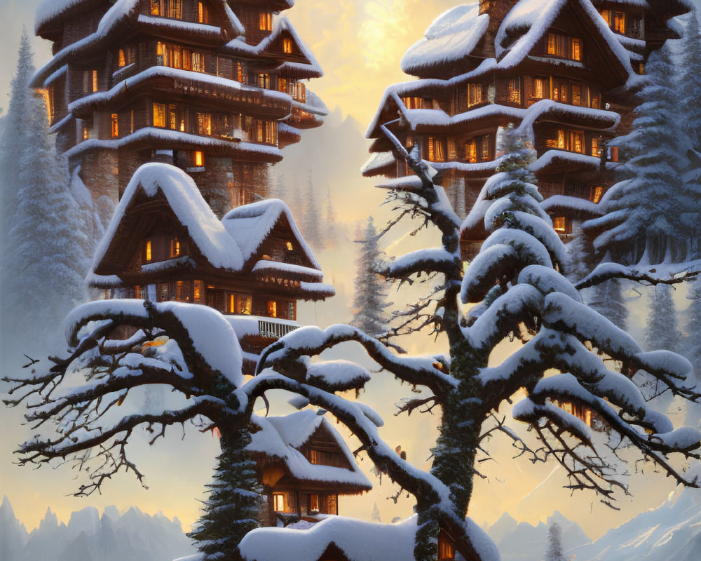 Twilight scene of snow-covered wooden houses and pine trees