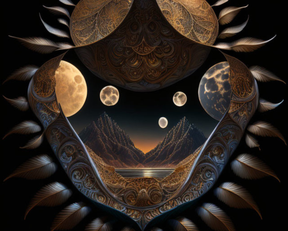 Digital artwork of shield shape with feathers, moon phases, and mountain landscape