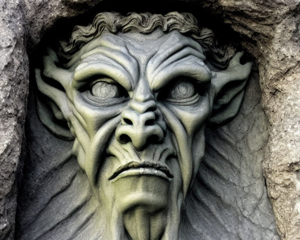 Detailed Green Gargoyle Face Carved on Stone Arch