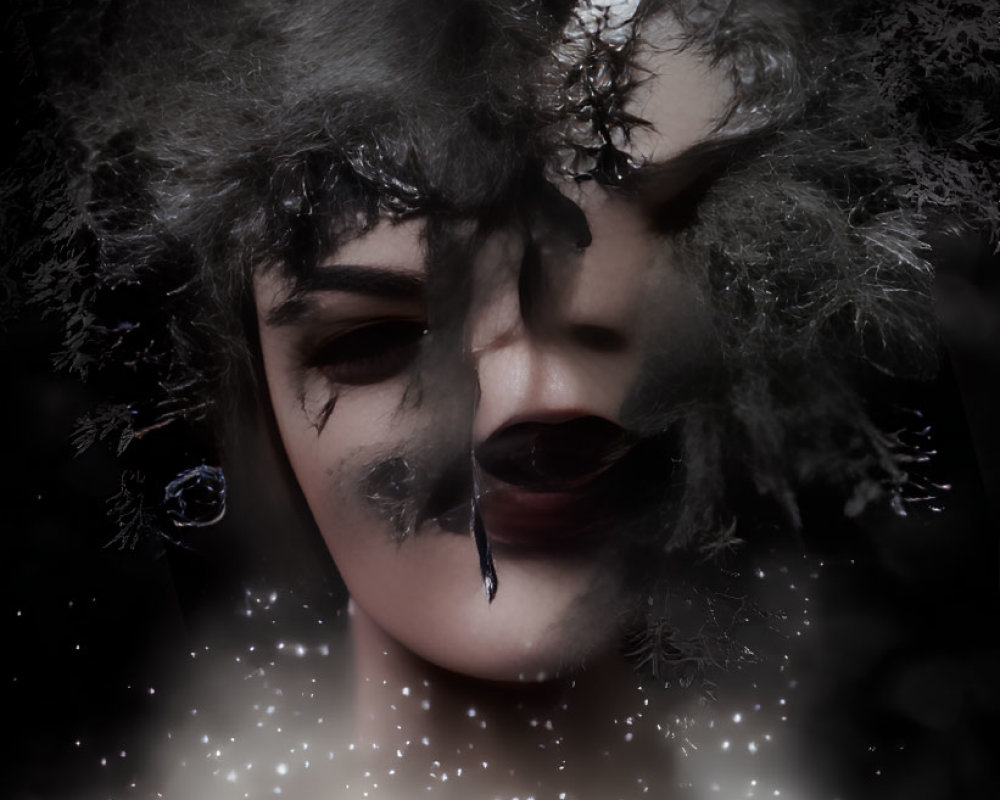 Monochrome image of a person with dark makeup and teardrop, overlaid with tree branches and