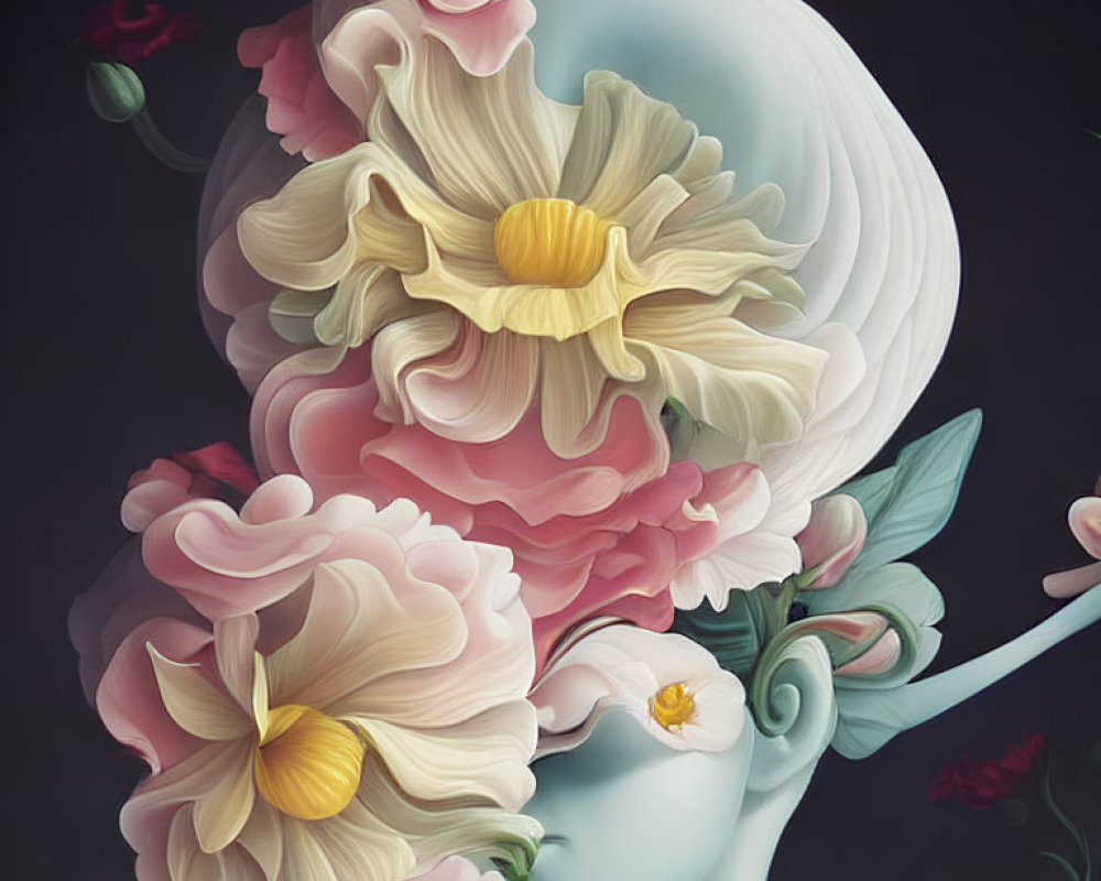 Surreal Artwork: Human Figure with Floral Hair and Nature Elements