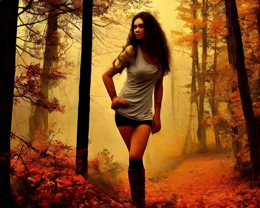 Woman in Gray Dress Stands in Misty Autumn Forest