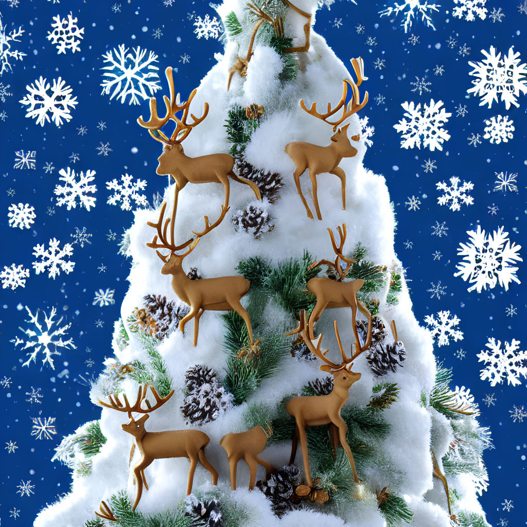 Snowy Christmas tree with snowflakes, pine cones, and golden reindeer on blue backdrop